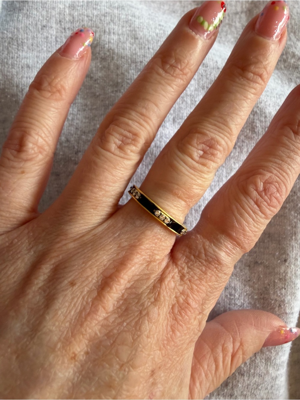 Freida Rothman Black Enamel and Gold Crystal Accent Women's Ring
